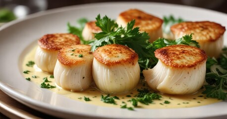 Baked scallops with creamy cheesy sauce and fresh parsley garnish , creamy cheesy sauce, fresh parsley, baked scallops