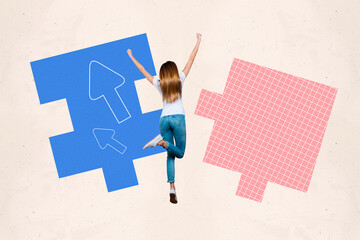 Creative design composite trend artwork collage of puzzle piece match young lady run back...