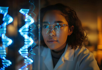 Scientist examines DNA chain and its intricate structures in laboratory setting