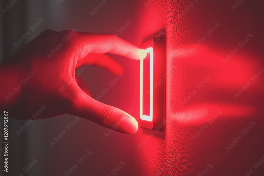 Poster hand holding a red light against a plain wall in a dimly lit environment capturing contrast and focu