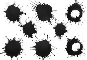 Various black ink stains with splatter effects on a clean white background