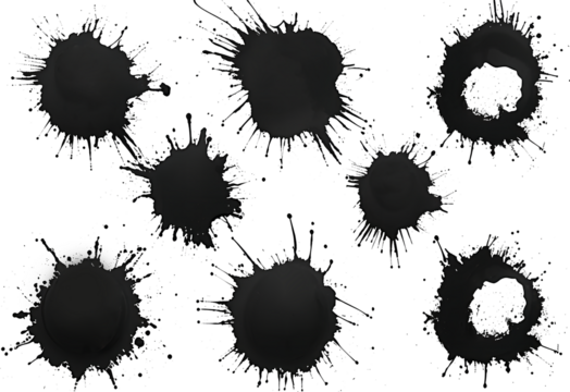 Various black ink stains with splatter effects on a clean white background