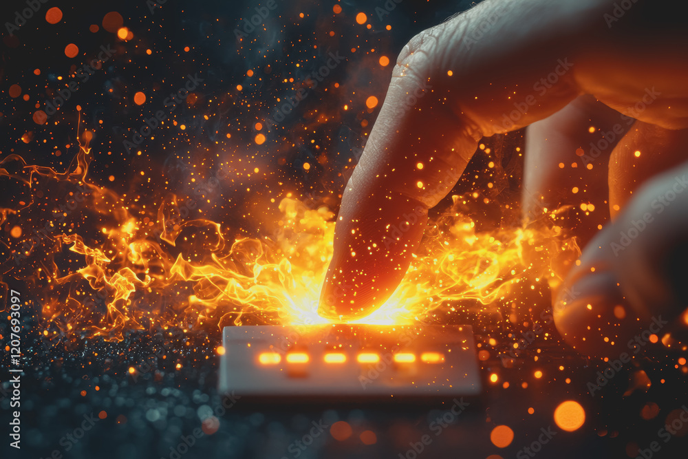 Poster hand reaching out to touch a burning device with flames and smoke in a dark environment captured in 