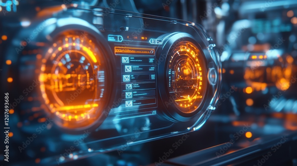 Aufkleber futuristic glass dashboard displaying various metrics and notifications, emanating an orange and blu