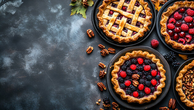 Autumn Pies on rustic background, top view, copy space. Homemade seasonal pastry - berries and pecan pies or tarts for Thanksgiving and autumn holidays