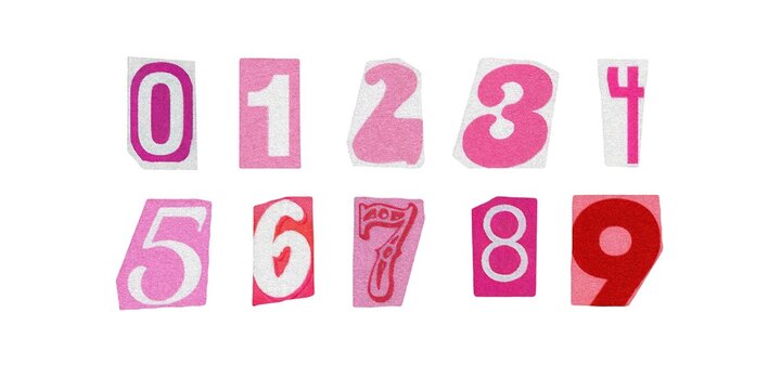 barbiecore set of cut-out numbers from magazines on a white background, cute retro y2k ransom style