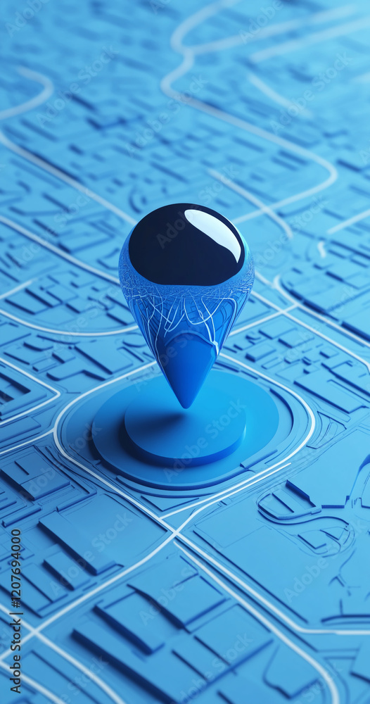 Aufkleber Blue 3D location pin on a detailed abstract map symbolizing navigation and tracking