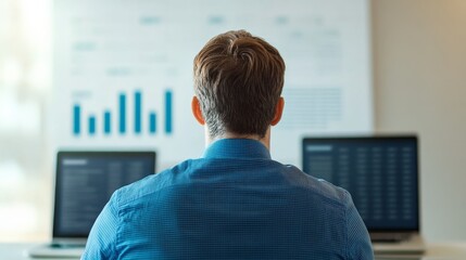 Data Driven Decisions: A focused businessman intently studies charts and data displayed on multiple monitors, illustrating a data-driven approach to success.