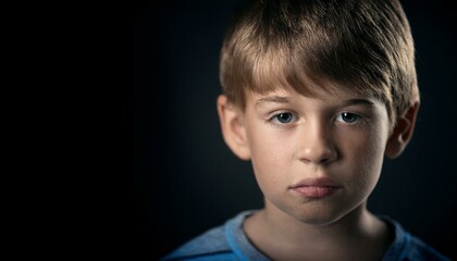 悲しい顔の表情をする白人の男の子のポートレート。AIで生成