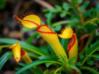 Close-up of a vibrant yellow pitcher plant with intricate veining, greenery, botanical, close-up