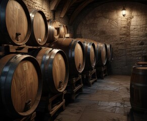 Close-up of a wine barrel stacked with other barrels in a dark cellar, fermenting, wooden