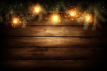 A warm, festive scene featuring soft glowing lights and evergreen branches against a rustic wooden backdrop, creating a cozy holiday atmosphere.