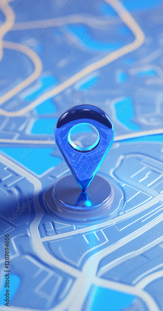 Poster Blue 3D map pin on a detailed city map highlighting navigation and location concept