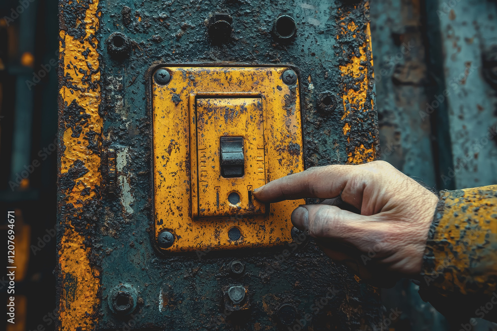 Poster close up of a hand pressing a yellow light switch on a white wall in a residential setting showing t