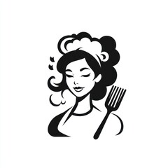 Woman with chef hat holds fork, kitchen setting, icon use
