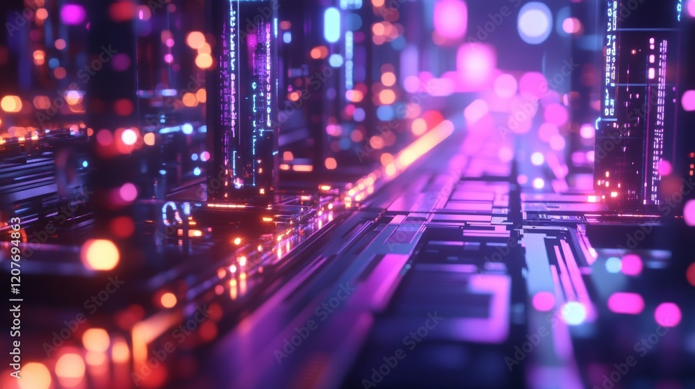 Poster futuristic cityscape glowing at night, featuring vibrant buildings illuminated by colorful lights an