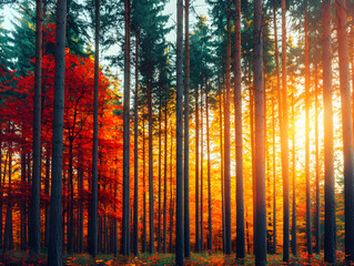 Obraz premium Autumn sunset illuminates vibrant forest scenic nature landscape tranquil environment aerial viewpoint