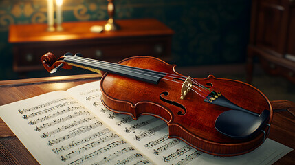 Fototapeta premium Captivating violin performance cozy study room warm lighting close-up view artistry in harmony