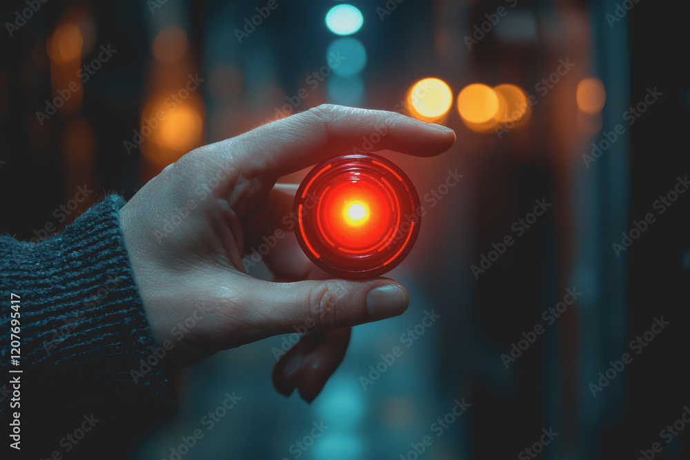 Aufkleber person holding a red light source in their hand against a dark background creating a dramatic and st