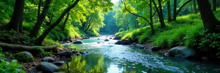 Serene river flowing through dense green forest, trees, river