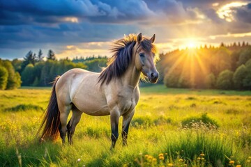 Obraz premium Wild Polish Konik horses, untamed elegance in a breathtaking meadow portrait. A stunning equine photograph.