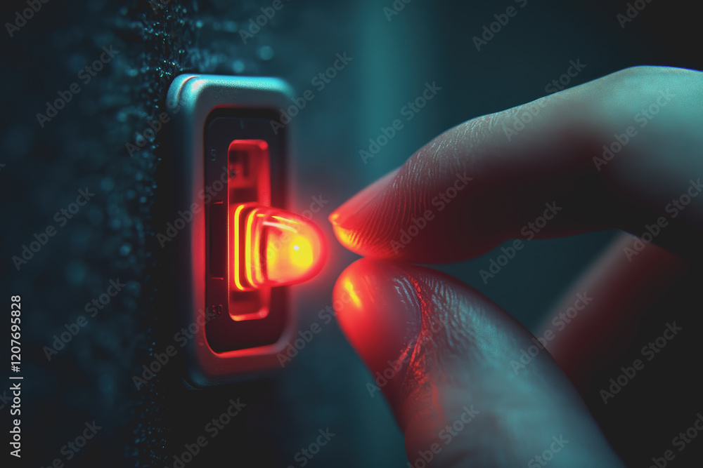Poster person holding a light switch in a home setting with a focus on electrical control and illumination