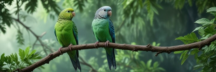 Obraz premium Blue and green striped parakeet perched on a leafy branch, tropical environment, tree branches