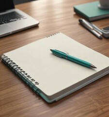Close up of teal pen with blank notebook on desk, office supplies, teal, layout