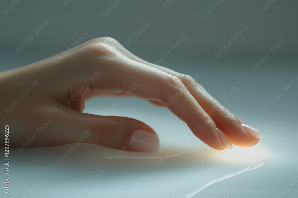 Poster hand reaching out to touch a light source on a wooden table in a bright environment