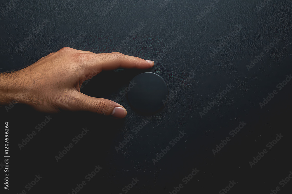 Aufkleber hand holding a round button on a dark black surface with soft lighting and textured background