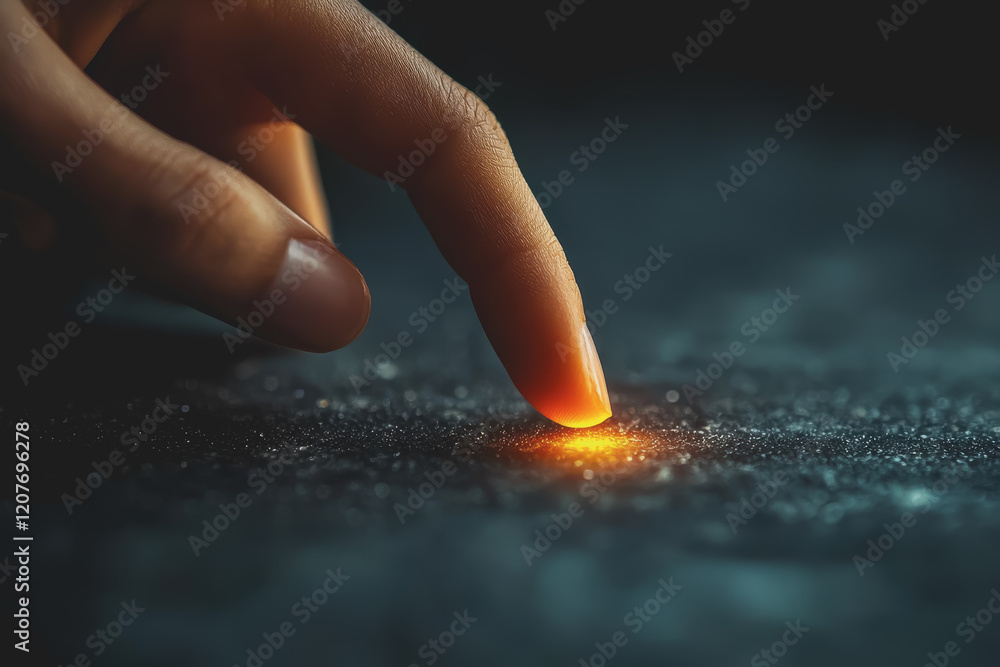 Poster a hand gently touching a glowing orange substance creating an ethereal and luminous effect in a dark