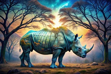 Fototapeta premium Withered trees embrace a rhino in this double exposure; surreal architectural wildlife photography.