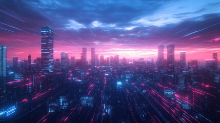 Fototapeta premium Horizon view of a city with skyscrapers made of binary numbers, digital look, clear sky, emotional filter