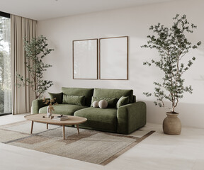 Modern minimalist living room in ethnic style with green sofa, wooden coffee table with decor, large windows, forest view, green plants in pots, carpet on art frames on wall background