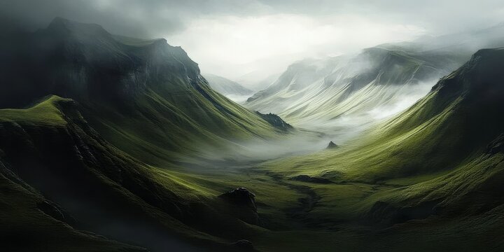 Captivating aerial views of serene green hills among the clouds. 