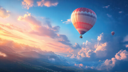 Fototapeta premium A serene travel scene with a hot air balloon gliding through the sky over a picturesque landscape