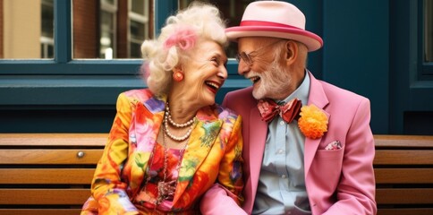 Happy Elderly Couple Sharing a Laugh on a Park Bench Surrounded by Flowers. Healthcare and Wellness. Grandparents' Day. Valentine's Day. International Day of Older Persons. 