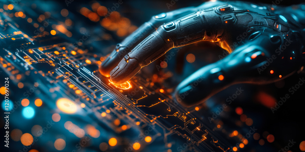 Poster futuristic human-machine interaction: advanced robotic hand with sensing technology interface