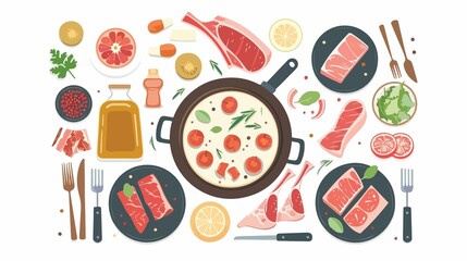Elegant Fondue Pot with Oil, Forks, Raw Meat Pieces, and Other Professional Ingredients