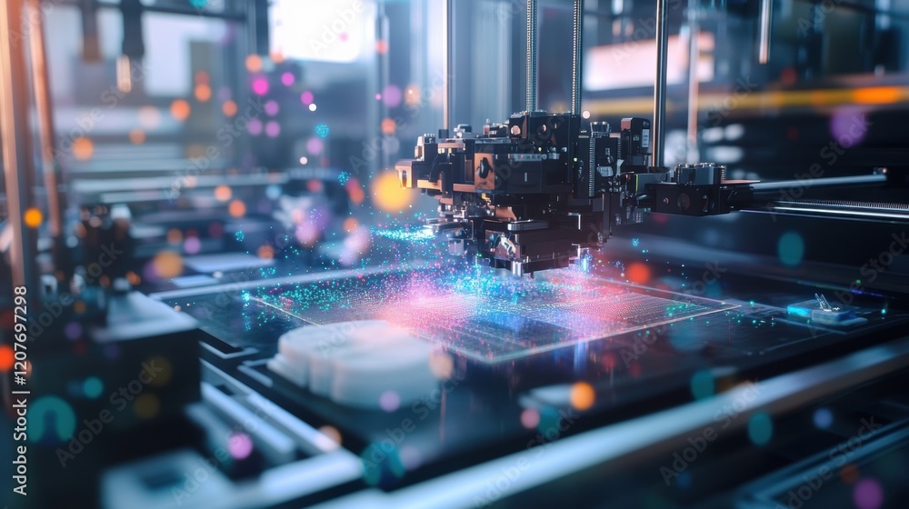 Poster futuristic 3d printer is creating an object layer by layer with digital particles in a modern labora