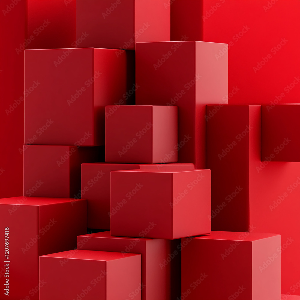 Poster close-up of stacked red geometric blocks with a bold monochromatic background