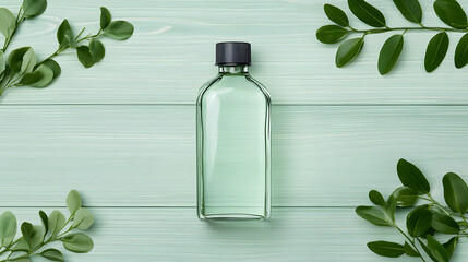 Refreshing clear bottle with green leaves minimalist setup natural beauty top-down view product