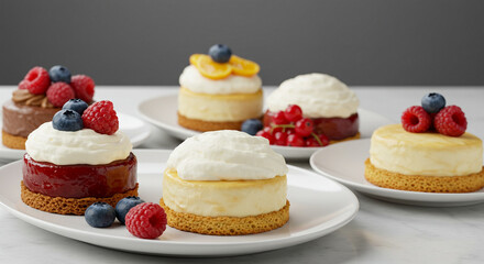 Close-up view of a selection of beautifully decorated dessert tartlets and a chocolate mousse.