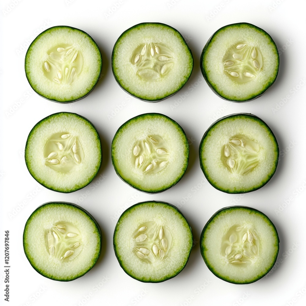 Poster fresh cucumber slices arranged in a neat grid for food styling