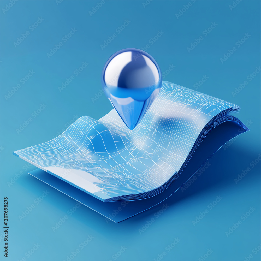 Poster glossy blue location pin on abstract wavy map with modern 3d design