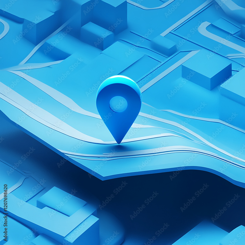 Poster blue location marker on an abstract topographic map with modern 3d layered design