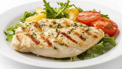 Healthy keto, ketogenic lunch with grilled chicken meat and organic tomatoes and greens. Roasted chicken breast, fillet and fresh vegetable salad, white background, copy space