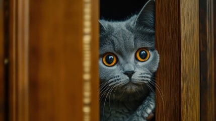 Curious Gray Cat with Bright Orange Eyes Peeking Through Wooden Doorway in Cozy Home Environment