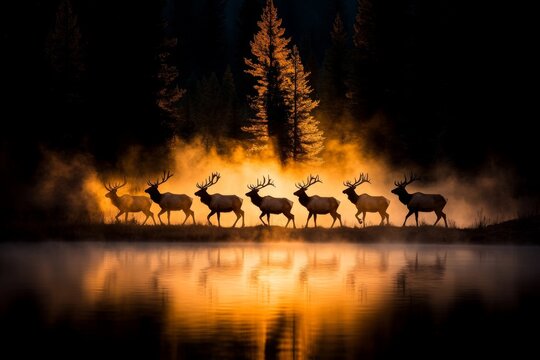 A herd of elk crossing the Green River at dawn, with mist rising from the water and soft light illuminating their silhouettes