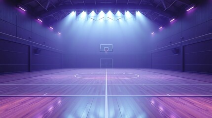 Empty basketball court lit by spotlights.
